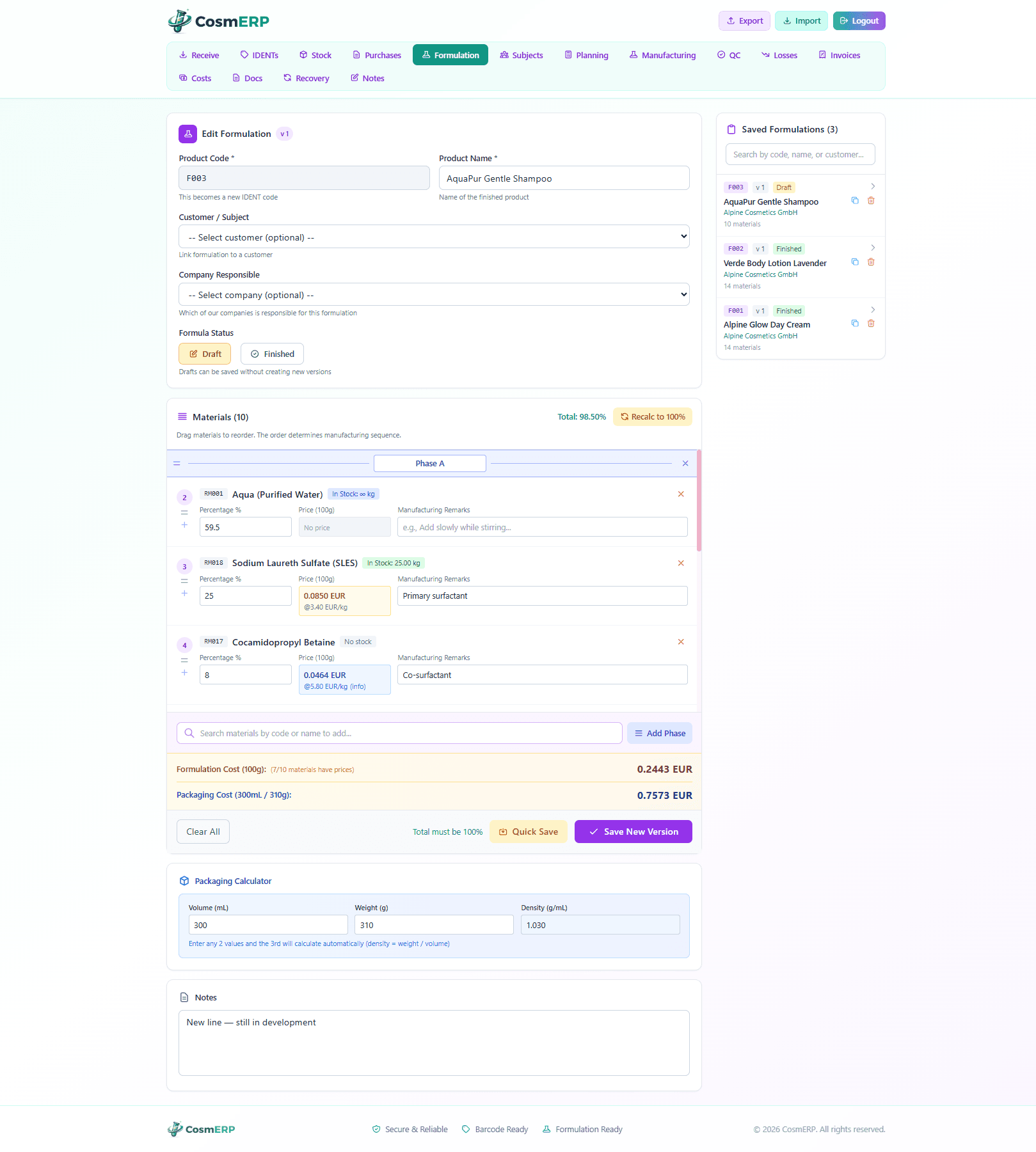 CosmERP Formulation Editor showing ingredient percentages, INCI names, stock levels, automatic cost calculations, and phase management